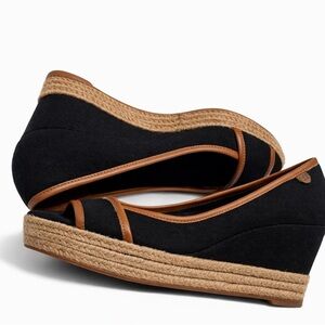 Tory Burch Black Canvas Espadrille Wedge with Tan Trim